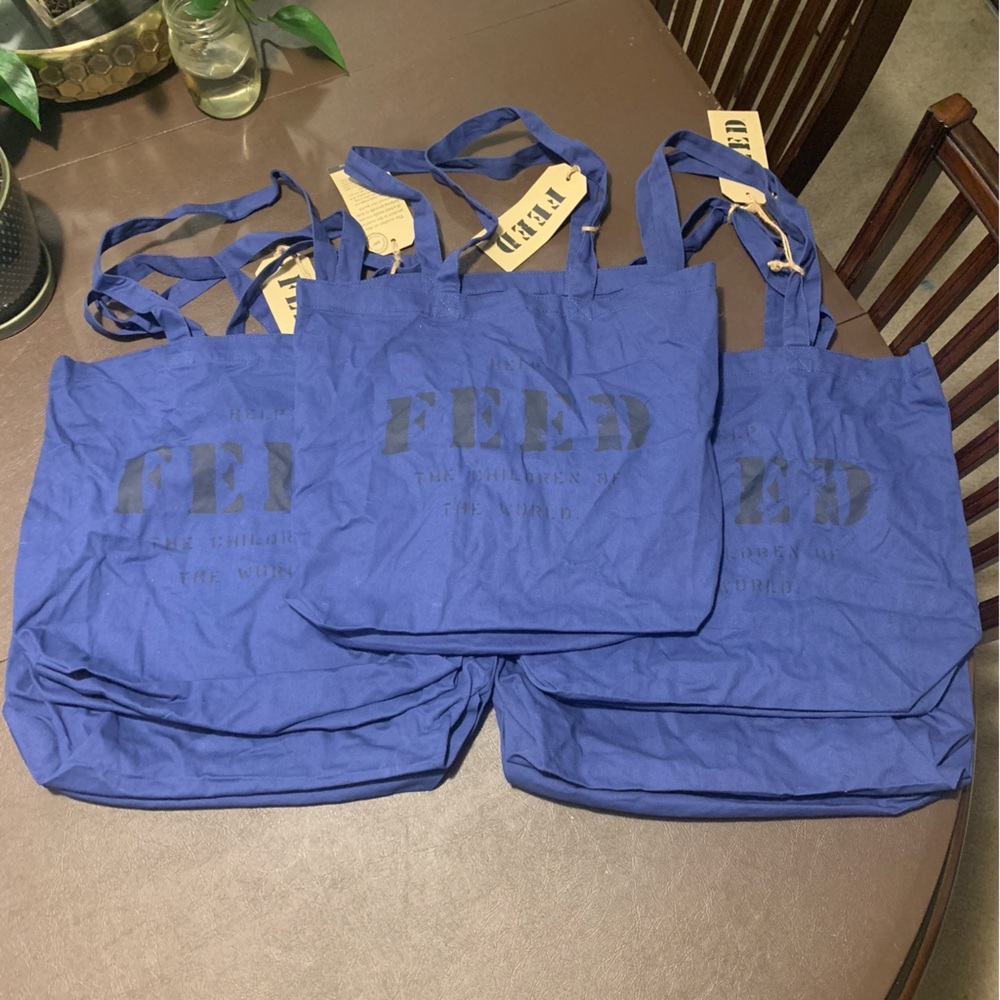Lot Of 5 FEED 10 lightweight and foldable classic tote organic cotton Blue Nwt